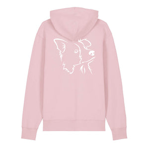 White outline illustration of the head of a Border Collie on the back of a cotton pink unisex Hoodie