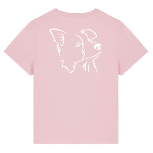 White outline illustration of the head of a Border Collie on the back of a cotton pink ladies t-shirt