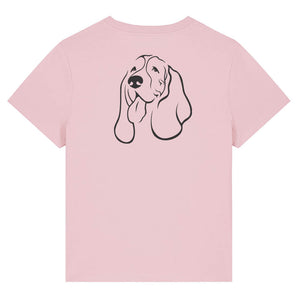 Black outline illustration of the head of a Basset Hound on the back of a cotton pink ladies t-shirt