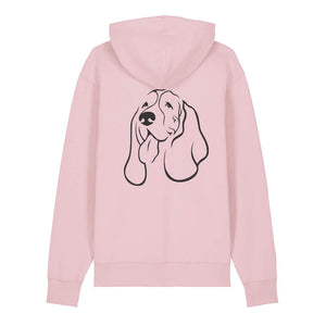 Black outline illustration of the head of a Basset Hound on the back of a cotton pink unisex Hoodie