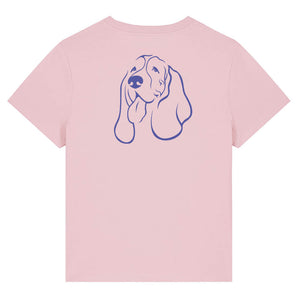 Blue outline illustration of the head of a Basset Hound on the back of a cotton pink ladies t-shirt