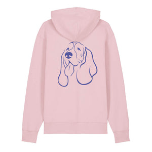 Blue outline illustration of the head of a Basset Hound on the back of a cotton pink unisex Hoodie