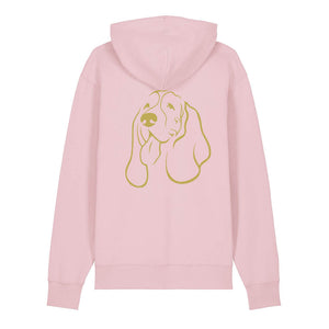Gold outline illustration of the head of a Basset Hound on the back of a cotton pink unisex Hoodie