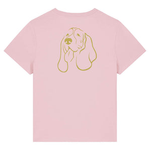 Gold outline illustration of the head of a Basset Hound on the back of a cotton pink ladies t-shirt