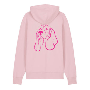 Magenta outline illustration of the head of a Basset Hound on the back of a cotton pink unisex Hoodie