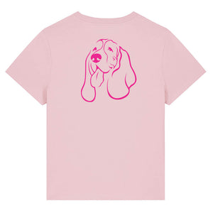 Magenta outline illustration of the head of a Basset Hound on the back of a cotton pink ladies t-shirt