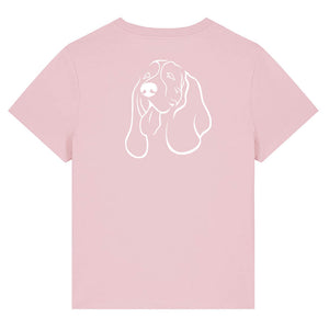 White outline illustration of the head of a Basset Hound on the back of a cotton pink ladies t-shirt