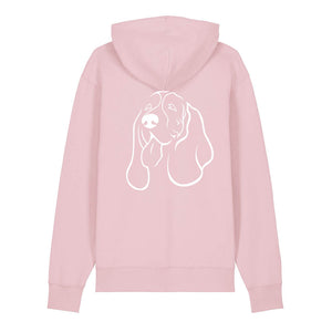 White outline illustration of the head of a Basset Hound on the back of a cotton pink unisex Hoodie