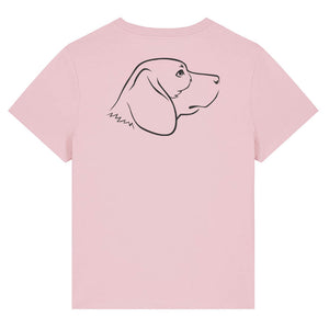 Black outline illustration of the head of a Beagle dog on the back of a cotton pink ladies t-shirt