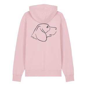 Black outline illustration of the head of a Beagle on the back of a cotton pink unisex Hoodie