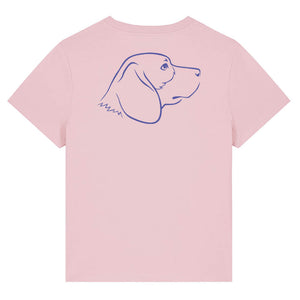 Blue outline illustration of the head of a Beagle dog on the back of a cotton pink ladies t-shirt