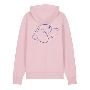 Blue outline illustration of the head of a Beagle on the back of a cotton pink unisex Hoodie