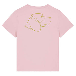 Gold outline illustration of the head of a Beagle dog on the back of a cotton pink ladies t-shirt
