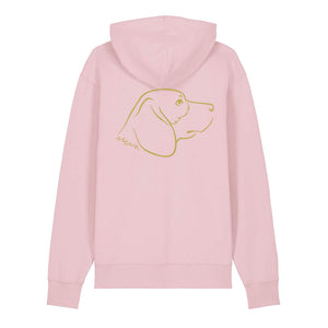 Gold outline illustration of the head of a Beagle on the back of a cotton pink unisex Hoodie