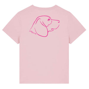 Magenta outline illustration of the head of a Beagle dog on the back of a cotton pink ladies t-shirt