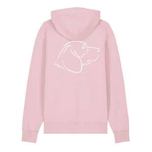 White outline illustration of the head of a Beagle on the back of a cotton pink unisex Hoodie