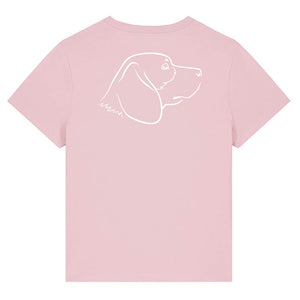 White outline illustration of the head of a Beagle dog on the back of a cotton pink ladies t-shirt