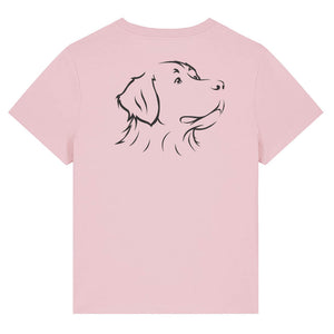 Black outline illustration of the head of a Bernese Mountain Dog on the back of a cotton pink ladies t-shirt