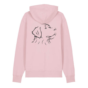 Black outline illustration of the head of a Bernese Mountain Dog on the back of a cotton pink unisex Hoodie