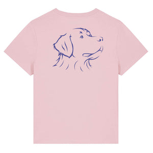 Blue outline illustration of the head of a Bernese Mountain Dog on the back of a cotton pink ladies t-shirt