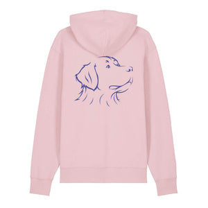 Blue outline illustration of the head of a Bernese Mountain Dog on the back of a cotton pink unisex Hoodie