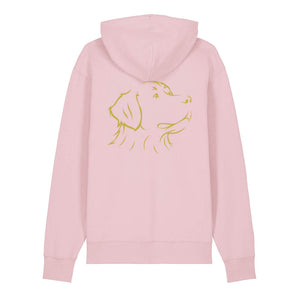 Gold outline illustration of the head of a Bernese Mountain Dog on the back of a cotton pink unisex Hoodie