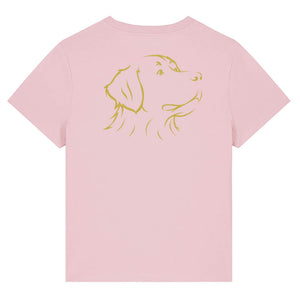 Gold outline illustration of the head of a Bernese Mountain Dog on the back of a cotton pink ladies t-shirt