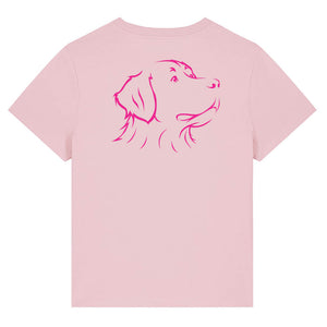 Magenta outline illustration of the head of a Bernese Mountain Dog on the back of a cotton pink ladies t-shirt