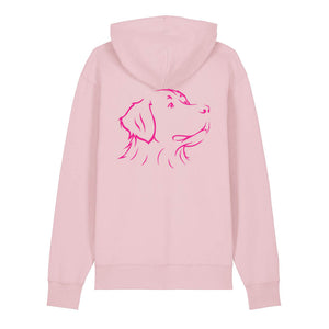 Magenta outline illustration of the head of a Bernese Mountain Dog on the back of a cotton pink unisex Hoodie