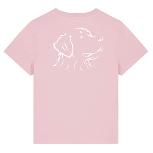 White  outline illustration of the head of a Bernese Mountain Dog on the back of a cotton pink ladies t-shirt