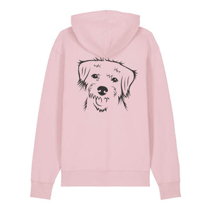 Black outline illustration of the head of a Border Terrier on the back of a cotton pink unisex Hoodie