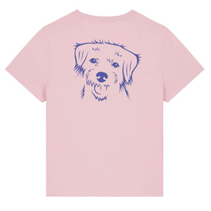 Blue outline illustration of the head of a Border Terrier on the back of a cotton pink ladies t-shirt