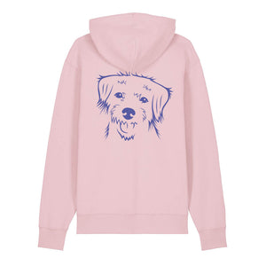 Blue outline illustration of the head of a Border Terrier on the back of a cotton pink unisex Hoodie