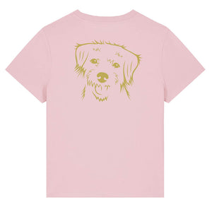 Gold outline illustration of the head of a Border Terrier on the back of a cotton pink ladies t-shirt