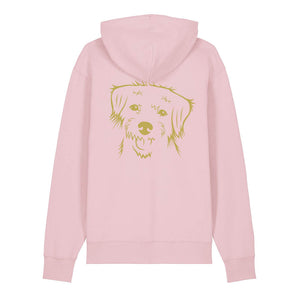 Gold outline illustration of the head of a Border Terrier on the back of a cotton pink unisex Hoodie