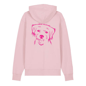Magenta outline illustration of the head of a Border Terrier on the back of a cotton pink unisex Hoodie