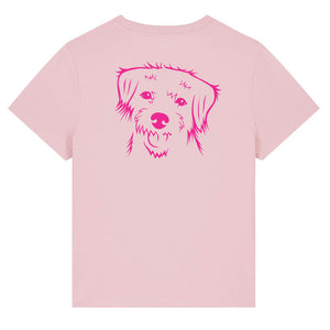 Magenta outline illustration of the head of a Border Terrier on the back of a cotton pink ladies t-shirt