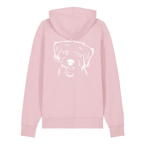 White outline illustration of the head of a Border Terrier on the back of a cotton pink unisex Hoodie