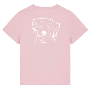 White outline illustration of the head of a Border Terrier on the back of a cotton pink ladies t-shirt