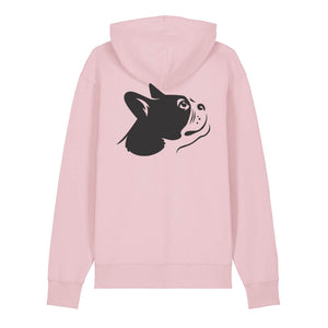 Black outline illustration of the head of a Boston Terrier on the back of a cotton pink unisex Hoodie