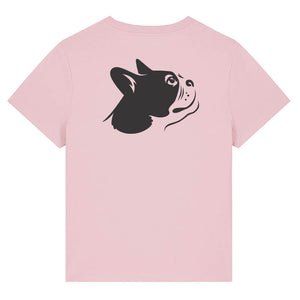 Black outline illustration of the head of a Boston Terrier on the back of a cotton pink ladies t-shirt