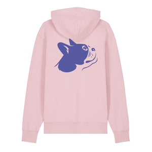 Blue outline illustration of the head of a Boston Terrier on the back of a cotton pink unisex Hoodie