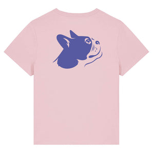 Blue outline illustration of the head of a Boston Terrier on the back of a cotton pink ladies t-shirt