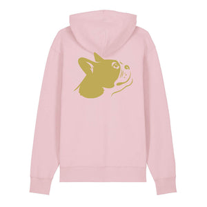 Gold outline illustration of the head of a Boston Terrier on the back of a cotton pink unisex Hoodie