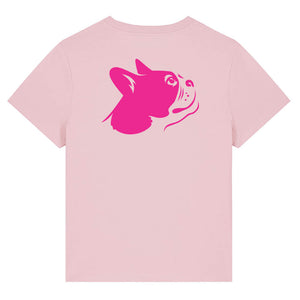 Magenta outline illustration of the head of a Boston Terrier on the back of a cotton pink ladies t-shirt