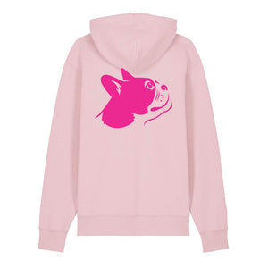 Magenta outline illustration of the head of a Boston Terrier on the back of a cotton pink unisex Hoodie