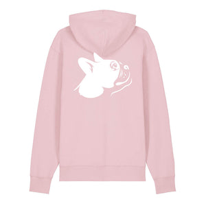 White outline illustration of the head of a Boston Terrier on the back of a cotton pink unisex Hoodie