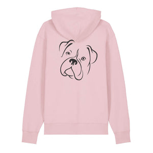Black outline illustration of the head of a Boxer on the back of a cotton pink unisex Hoodie