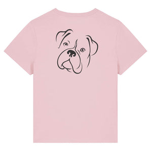 Black outline illustration of the head of a Boxer dog on the back of a cotton pink ladies t-shirt