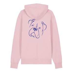 Blue outline illustration of the head of a Boxer on the back of a cotton pink unisex Hoodie